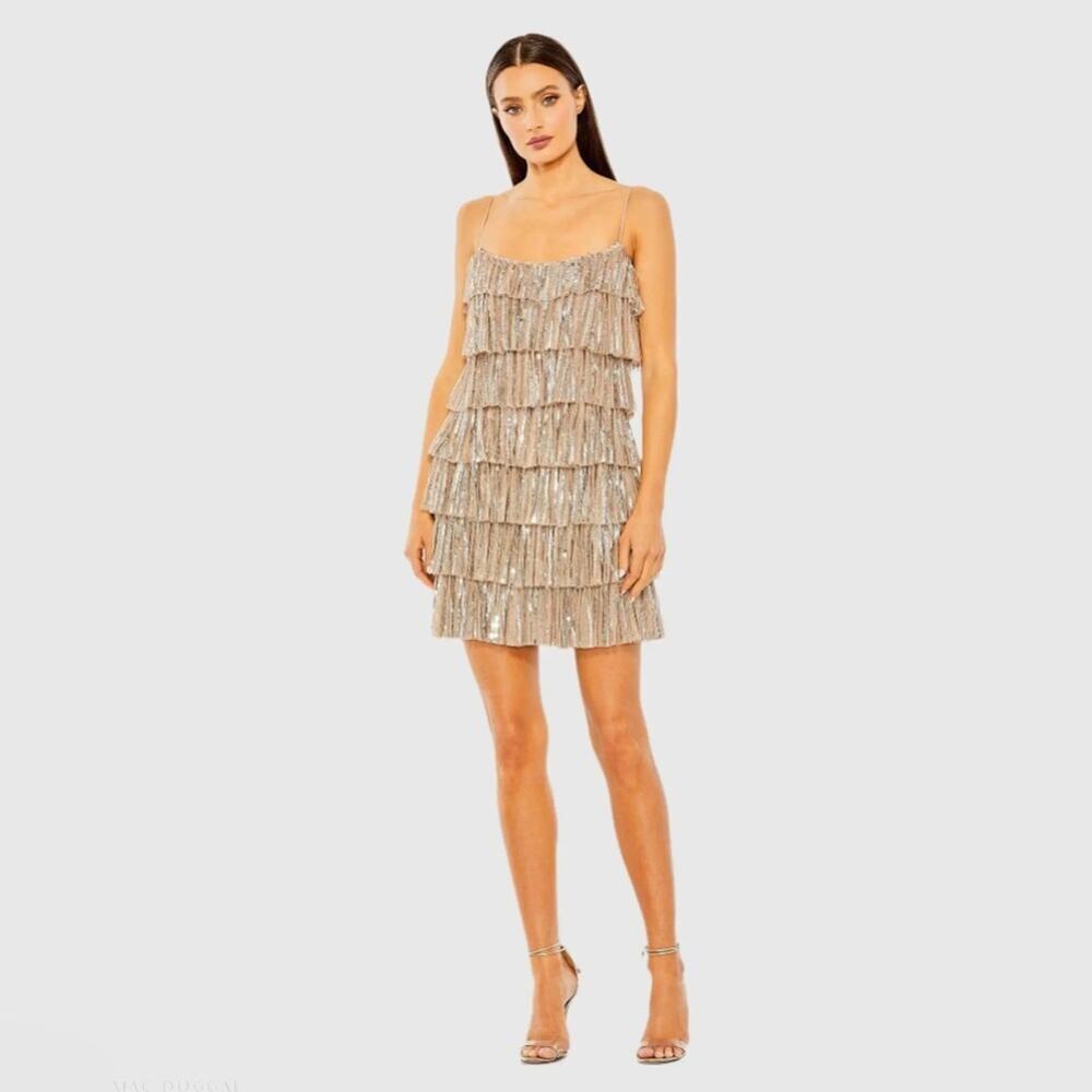 Mac Duggal Gold Beaded Sequin Ruffle Mini Dress NWT Size 2 Nude Gold Silver - Picture 7 of 12